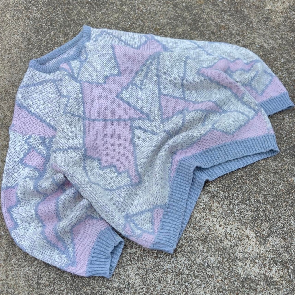 Vintage 90s Unbranded Abstract Pattern Knit Sweater Pink Geometric L b3